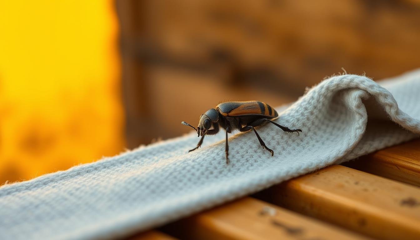 A small hive beetle on a hive's top bars, illustrating the kind of accessible refuge spot that in-hive beetle traps are designed to intercept