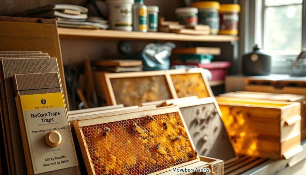 A detailed close-up of a well-organized storage area for beekeeping equipment, focusing on comb frames and pest control tools against wax moths. In the foreground, showcase a set of specialized moth traps, such as pheromone traps and sticky boards, neatly arranged beside the frames. In the middle, display the frames themselves, filled with honeycomb, with a few frames showing signs of wax moth damage for comparison. The background should include a shelf stocked with essential beekeeping supplies, softly blurred for depth. Natural lighting filters through a nearby window, casting gentle shadows, creating a calm, professional atmosphere. Capture the image from a slightly elevated angle to provide a comprehensive view of the tools and equipment.