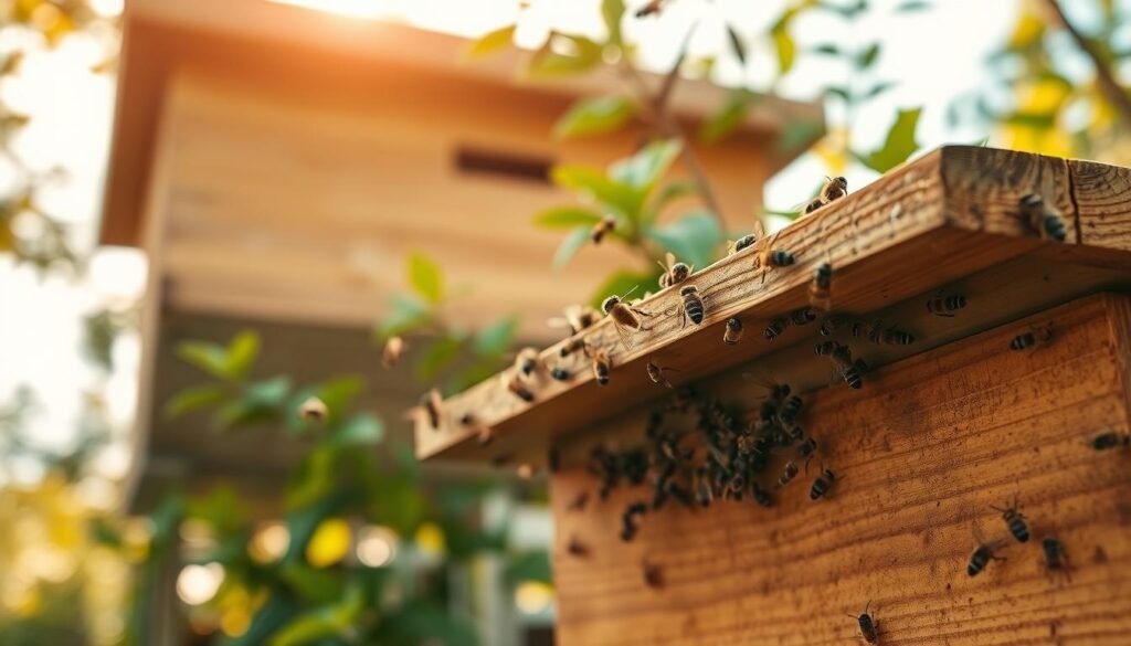 A detailed close-up of a wooden landing board attached to a beehive, showcasing its intricate design. In the foreground, there are bees buzzing energetically, some landing on the board, while others are in flight. The middle section displays the hive structure, made of natural wood, with a few small openings hinting at the busy life inside. In the background, soft green foliage blurs into a gentle pastel sky, indicating a peaceful afternoon. Warm sunlight filters through the leaves, creating a soft glow that highlights the bees and the wood grain of the landing board. The overall atmosphere is serene yet vibrant, capturing the industrious nature of the bees at work. Focus on an angle that includes both the board and the hive, emphasizing the connection between them.