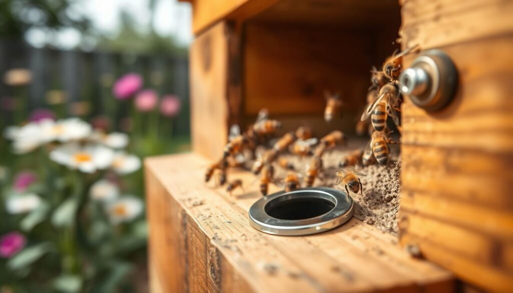 A detailed close-up of an entrance reducer used in beekeeping, highlighting its wooden and metal components, showcasing a precision-fit design. In the foreground, focus on the entrance reducer itself, with textures of the wood grain and shiny metal contrasting against a natural backdrop. In the middle ground, depict a well-maintained beehive surrounded by healthy bees in motion, illustrating their activity as they approach the entrance. The background should feature a softly blurred garden setting with flowers in bloom, providing a vibrant yet calming atmosphere. Use warm, natural lighting to create a feeling of safety and security, with a shallow depth of field that emphasizes the reducer as the central subject. The overall mood should be informative and inviting, perfect for a professional article on preventing hive robbing behavior.