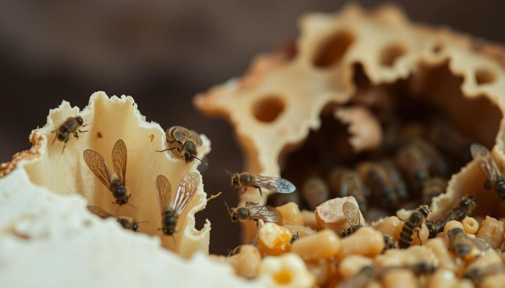 A detailed close-up of wax moths nestled within weak, damaged bee combs, displaying their characteristic elongated bodies and subtle brown wings. In the foreground, focus on the moths crawling on the pale, honeycomb structure, highlighting the soft textures and the light reflecting off their delicate wings. In the middle ground, show the remnants of honey and bee larvae, illustrating the pests' destructive impact on stored combs. The background should feature blurred shadows of a beehive, evoking a sense of neglect. Use soft, natural lighting to create a moody atmosphere, emphasizing the vulnerability of the combs. Capture the image from a slightly elevated angle to provide depth and detail, ensuring a clear representation of the wax moth's infestation in a beekeeping context.