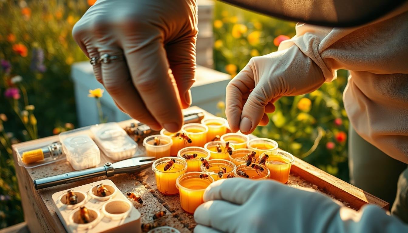 Beekeeper grafting larvae into queen cell cups before introducing the frame to a Cloake board