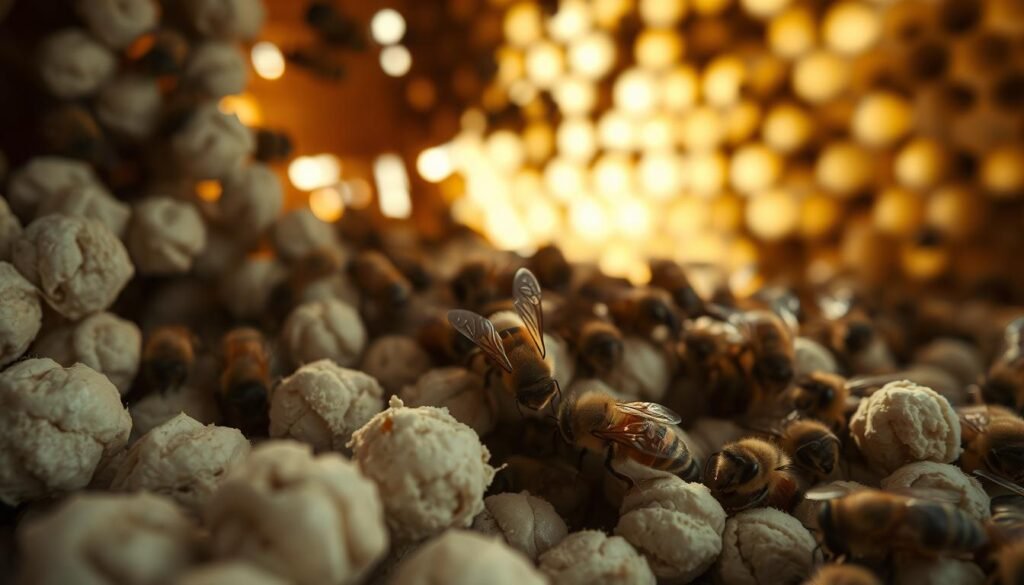 A detailed close-up view of a bee hive infested with chalkbrood mummies. In the foreground, focus on several mummified larvae with a pale, chalky appearance, showcasing their distinct, dry textures. The middle ground features a cluster of worker bees attempting to remove the infected mummies, displaying a sense of urgency and distress. In the background, natural honeycomb structures can be seen, and soft, diffused sunlight filters through the hive, creating a slightly eerie yet educational atmosphere. The overall mood is somber and informative, capturing the seriousness of fungal brood disease. Use a macro lens perspective to emphasize the intricate details of both the mummies and the bees, and ensure the lighting enhances the textures without overshadowing the subjects.