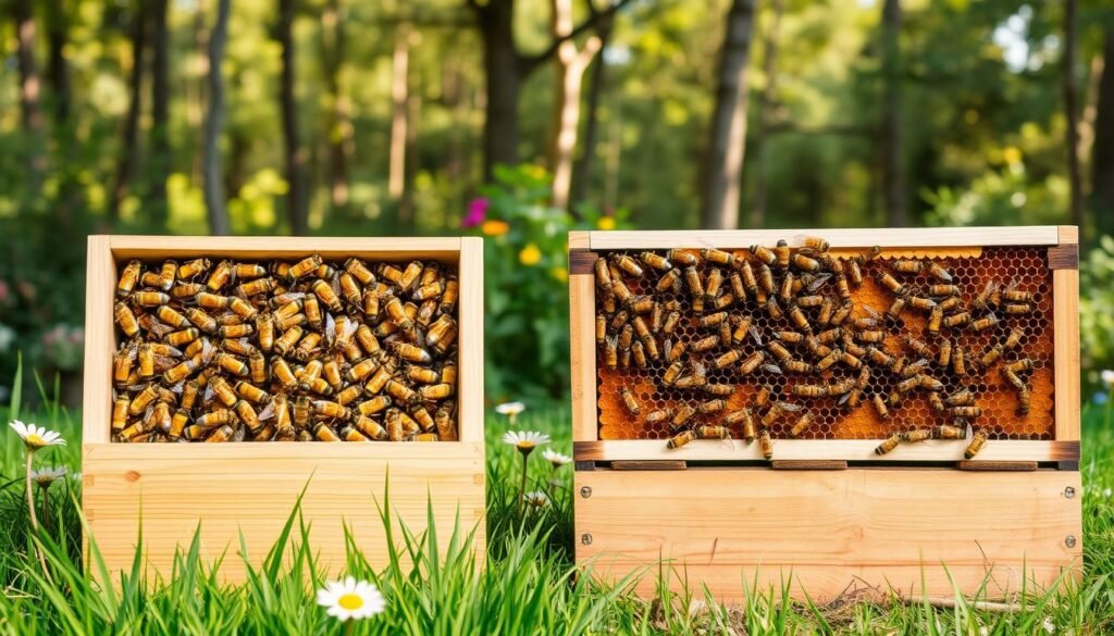 A detailed comparison of packaged bees and nucs for backyard beekeeping, showcasing the two methods side by side. In the foreground, a vibrant, well-arranged display of packaged bees in their wooden boxes, emphasizing the clarity of the bee colony inside, with bees actively buzzing around. Beside them, a well-established nuc with clear visibility of frames filled with honeycomb and bees, highlighting the differences between the two options. The middle ground features lush green grass and flowers, representing a tranquil backyard setting. The background consists of a gentle, sunlit forest, providing soft, natural lighting that enhances the warmth and serenity of the scene. The composition should evoke curiosity and inform, with a balanced and realistic approach.