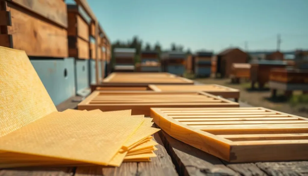 A detailed display of beehive foundation and wooden frames arranged on a rustic wooden table. In the foreground, a close-up of several foundation sheets made of natural beeswax, showcasing fine texture and subtle hues of yellow and brown. The middle layer features an array of wooden frames, some assembled and others laid flat, highlighting varying designs and sizes suitable for honey production. In the background, a blurred view of an outdoor apiary, with beehives dotted under a clear blue sky. Soft, natural lighting casts gentle shadows, evoking a productive and serene atmosphere. The angle is slightly tilted downwards, focusing on the foundation and frames while providing context to the surrounding environment. A detailed display of beehive foundation and wooden frames arranged on a rustic wooden table