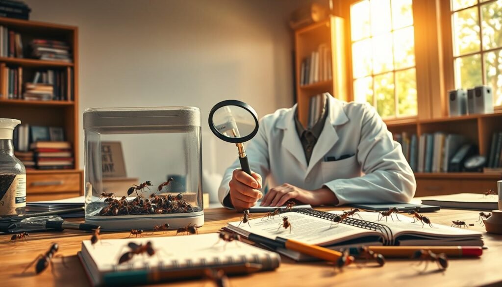 A detailed, focused scene illustrating an entomologist in a sunny laboratory setting, observing a colony of ants in a glass terrarium. In the foreground, the entomologist, dressed in a white lab coat, is using a magnifying glass to study the aggressive behaviors of the ants, which are depicted in vibrant detail as they exhibit defensive postures. In the middle ground, various scientific tools and notebooks are scattered across a lab table, enhancing the environment of research and observation. The background features shelves filled with reference books on insect behavior under warm, natural lighting streaming through a window, creating an atmosphere of discovery and inquiry. The overall mood is one of focused analysis and professional curiosity, emphasizing the importance of diagnosing aggression in colonies before taking action.