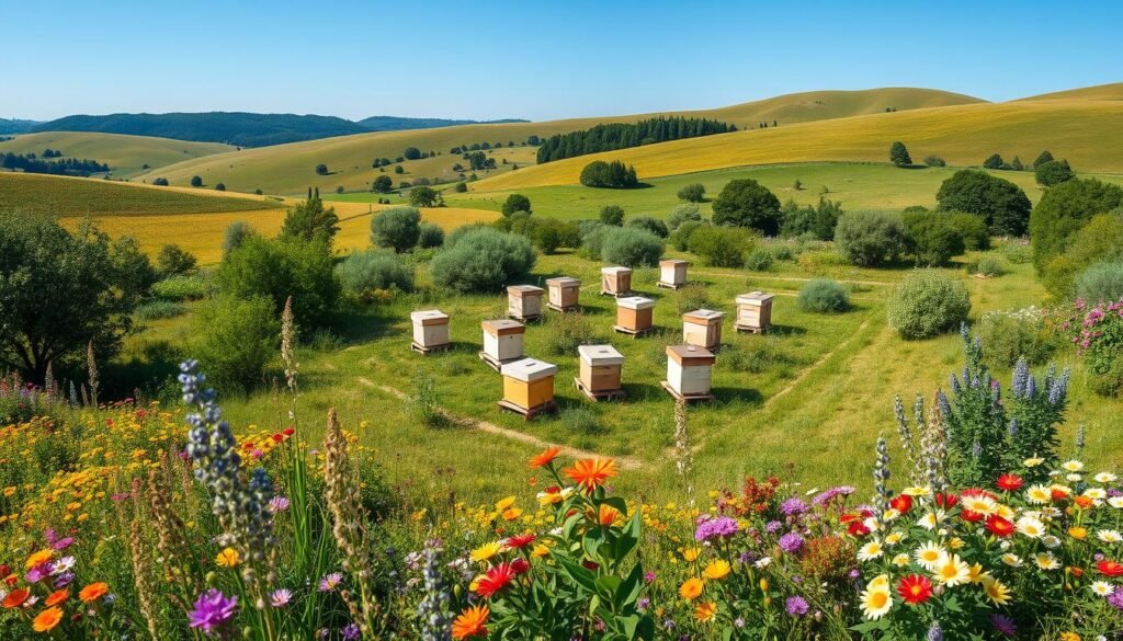 A detailed forage map illustrating optimal hive placement in a lush, blooming landscape. In the foreground, depict vibrant wildflowers and various flowering crops, emphasizing diversity in forage. The middle ground presents a series of well-placed beehives amidst trees and shrubs, showcasing different hive styles. The background features rolling hills under a clear blue sky, casting soft, natural light across the scene. Use a high-angle perspective to capture the layout effectively, enhancing the sense of space and accessibility for the bees. The atmosphere should feel inviting and productive, reflecting an ideal environment for honey production. Emphasize abundance and harmony in nature, ensuring the overall composition is professional and visually appealing without any text or distractions.