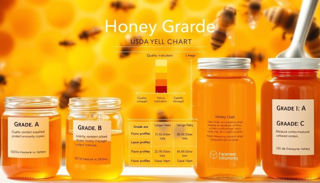 A detailed honey grade chart illustrating USDA honey classifications, prominently featuring layers of honey in different shades and textures. In the foreground, showcase jars of honey labeled with various grades - Grade A, Grade B, and Grade C - each jar filled with honey that reflects the respective grade's color and clarity. The middle ground should present a diagram of quality indicators, such as moisture content and flavor profiles, with color gradients and graphical representations. In the background, include a soft-focus image of honeycombs and bees, surrounded by a warm, golden hue to evoke a sweet and natural ambiance. Use bright, natural lighting to enhance the vivid colors of the honey and create a clean, professional appearance, ideal for an educational context.