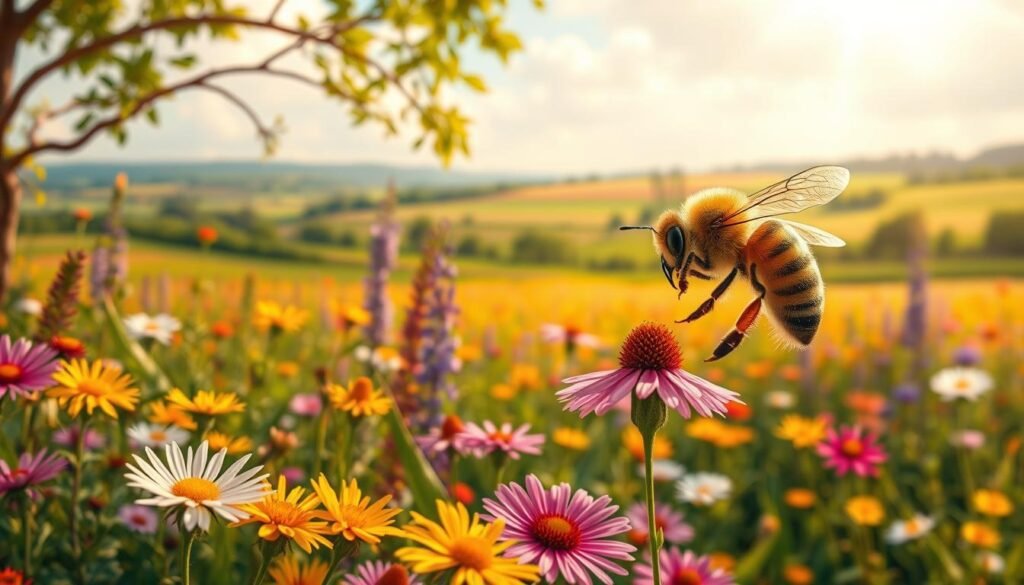 A detailed illustration depicting a vibrant landscape showing a bee's foraging radius. In the foreground, include a close-up of a busy honeybee collecting nectar from colorful wildflowers, showcasing the intricate wings and body details. The middle ground features a diverse array of flora, illustrating various plants and flowers in bloom, symbolizing the rich sources for the bees. The background presents a soft, blurred view of lush fields and trees, conveying the idea of distance while maintaining focus on the foraging zone. Use warm, golden sunlight to create an inviting atmosphere, with a shallow depth of field to emphasize the bee and flowers. The scene evokes a sense of harmony and natural beauty, illustrating the bee’s essential role in the ecosystem.