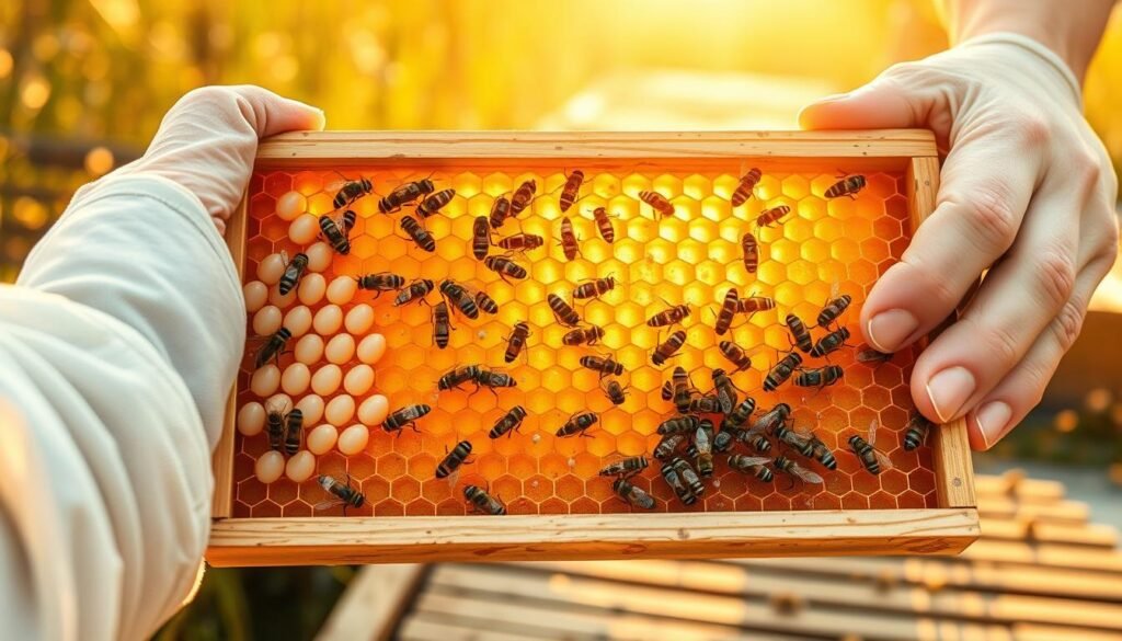 A detailed illustration of a beekeeper's hands carefully holding a frame filled with various stages of bee brood: eggs, young larvae, and capped brood, while avoiding prominent drone cells. The frame should be positioned in the foreground, showing the delicate texture of the wax cells and the shimmering golden honey within. In the middle, capture the bustling activity of worker bees, with some tending to the brood. The background should feature a softly illuminated apiary scene under warm, golden sunlight, evoking a peaceful summer afternoon. The mood should be educational and serene, highlighting the importance of careful frame selection in beekeeping. Use a macro lens perspective to emphasize the intricate details of the brood and bees, ensuring the overall composition is clear and inviting.