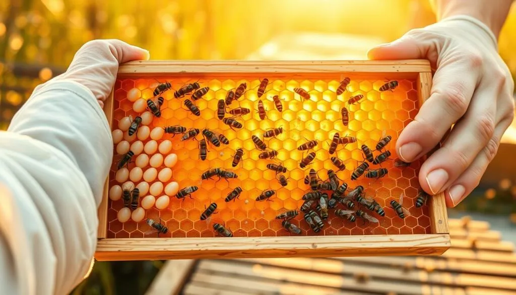 A detailed illustration of a beekeeper's hands carefully holding a frame filled with various stages of bee brood: eggs, young larvae, and capped brood, while avoiding prominent drone cells. The frame should be positioned in the foreground, showing the delicate texture of the wax cells and the shimmering golden honey within. In the middle, capture the bustling activity of worker bees, with some tending to the brood. The background should feature a softly illuminated apiary scene under warm, golden sunlight, evoking a peaceful summer afternoon. The mood should be educational and serene, highlighting the importance of careful frame selection in beekeeping. Use a macro lens perspective to emphasize the intricate details of the brood and bees, ensuring the overall composition is clear and inviting.