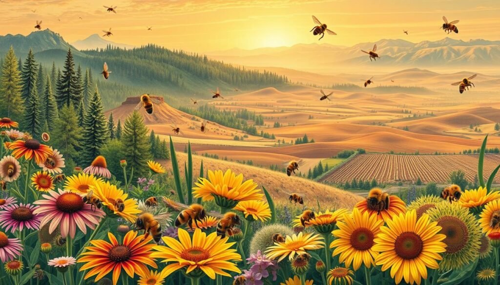 A detailed illustration of diverse bee species in their natural habitats across different regions of the United States. In the foreground, vibrant honeybees gather nectar from colorful wildflowers such as coneflowers and sunflowers, highlighting the importance of pollination. The middle ground features a variety of landscapes, such as lush forests in the Pacific Northwest, arid deserts in the Southwest, and sprawling farmland in the Midwest, each showcasing distinct flora. In the background, a soft sunrise casts warm golden light over rolling hills, evoking a sense of hope and resilience in the face of climate change. The composition captures a harmonious balance of nature, emphasizing the regional differences in beekeeping landscapes. Use a wide-angle lens to create depth, ensuring clarity and brightness throughout the image to convey a positive atmosphere around environmental awareness.