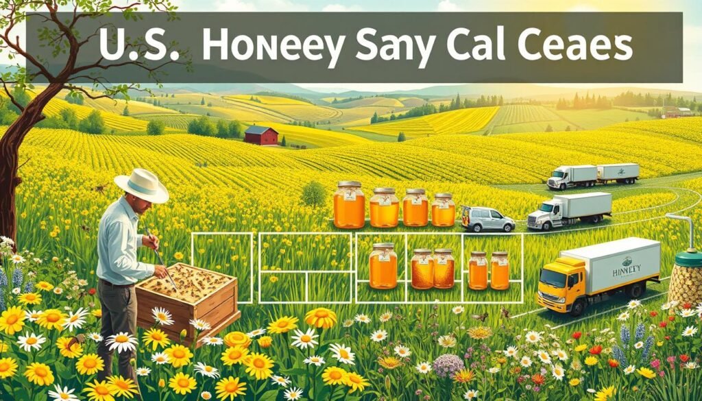 A detailed illustration of the U.S. honey supply chain, featuring a vivid depiction of various stages. In the foreground, a beekeeper in professional attire inspecting hives filled with bees, surrounded by lush fields of wildflowers. In the middle ground, honey extraction equipment, jars of honey being filled and labeled, and imagery of transportation methods like trucks bringing honey to market. The background showcases a farm landscape, with rolling hills and blooming flowers. Bright, natural lighting casts a warm glow, suggesting the golden hue of honey. The scene conveys an atmosphere of harmony between nature and agriculture, emphasizing the intricate processes of honey production and distribution.