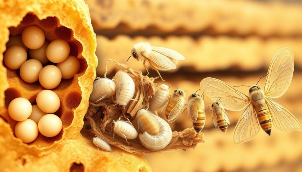 A detailed illustration of the wax moth lifecycle, featuring distinct stages: eggs nestled in a hive cell, white larvae crawling over honeycomb, pupae in silken cocoons, and adult wax moths with delicate wings. The foreground showcases close-ups of the eggs and larvae, highlighting their textures and colors. In the middle, display the pupae in various stages of development, surrounded by the remnants of hive materials. The background includes a blurred view of a beehive, emphasizing the natural habitat. Soft, warm lighting enhances the organic feel, with a focus on naturalistic colors—creamy whites, soft browns, and muted yellows—to set a calm, educational atmosphere. The composition should be balanced, bringing attention to the lifecycle progression without distractions. A detailed illustration of the wax moth lifecycle, featuring distinct stages: eggs nestled in a hive cell, white larvae crawling over honeycomb, pupae in silken cocoons, and adult wax moths with delicate wings. The foreground showcases close-ups of the eggs and larvae, highlighting their textures and colors. In the middle, display the pupae in various stages of development, surrounded by the remnants of hive materials. The background includes a blurred view of a beehive, emphasizing the natural habitat. Soft, warm lighting enhances the organic feel, with a focus on naturalistic colors—creamy whites, soft browns, and muted yellows—to set a calm, educational atmosphere. The composition should be balanced, bringing attention to the lifecycle progression without distractions.