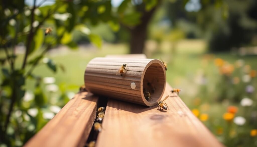 A detailed image of a hive entrance reducer designed to prevent robbing behavior among bees. In the foreground, focus on a wooden hive with the entrance reducer prominently placed, showcasing its design and texture, with bees busily entering and exiting. The middle section should include a blurred view of the surrounding environment—lush green foliage and flowers, bathed in warm natural light, indicating a sunny day. In the background, a soft-focus landscape of a peaceful garden adds depth, enhancing the atmosphere of calm and security for the bees. Capture the scene from a slightly elevated angle to emphasize the entrance reducer's importance for colony stability and protection, evoking a sense of urgency and care in beekeeping.