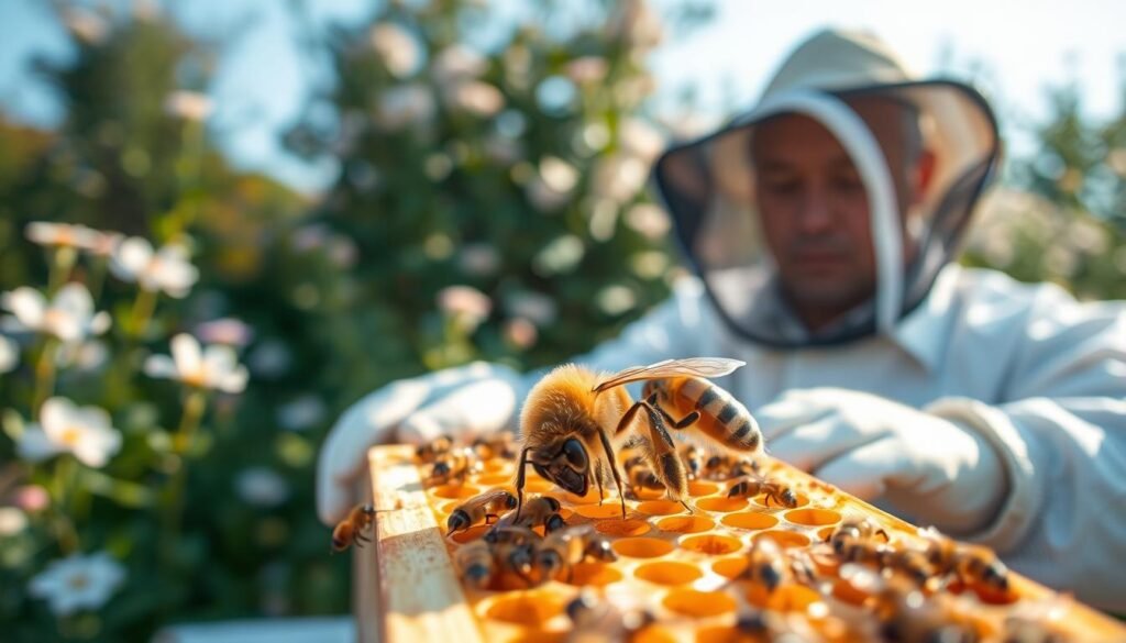 A detailed overview of the queen bee method for hive splitting, presented in a well-organized layout. In the foreground, a close-up of a healthy queen bee on a honeycomb frame, surrounded by worker bees tending to her, showcasing vibrant, lifelike colors and intricate details of the bee's features. In the middle ground, a beekeeper in professional attire, carefully examining the frame under soft, warm afternoon sunlight, demonstrating a focused expression. The background displays a lush garden with blossoming flowers and a clear blue sky, creating a tranquil atmosphere. Utilize a shallow depth of field to emphasize the foreground while softly blurring the background elements, ensuring a harmonious, informative mood that reflects careful, safe hive management techniques.