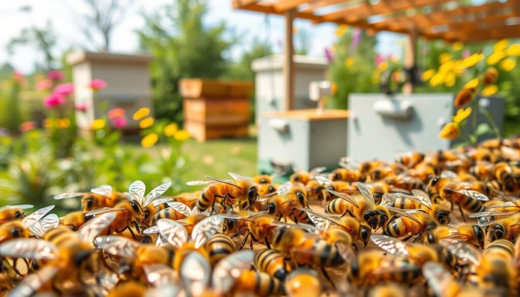A detailed scientific illustration of genetics in the context of beekeeping, featuring a close-up view of honeybee drones and queen bees in a controlled breeding environment. In the foreground, a well-organized selection of drones with varied genetic markings and queen bees with distinct physical traits, all displayed under soft, diffused lighting to enhance their colors. In the middle ground, beekeeping equipment, such as hives and breeding cages, is positioned neatly, showcasing their functionality. The background depicts a lush garden with flowering plants that attract bees, softly blurred to emphasize the foreground. The overall mood is vibrant and educational, with an emphasis on the importance of genetic diversity in bee breeding. The image should capture the essence of careful stock selection and the role of drones in the process.