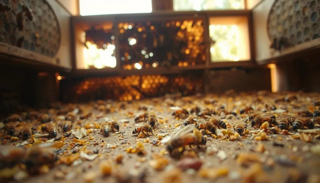 A detailed view of a beehive environment, showcasing interconnected windows and floors filled with natural detritus