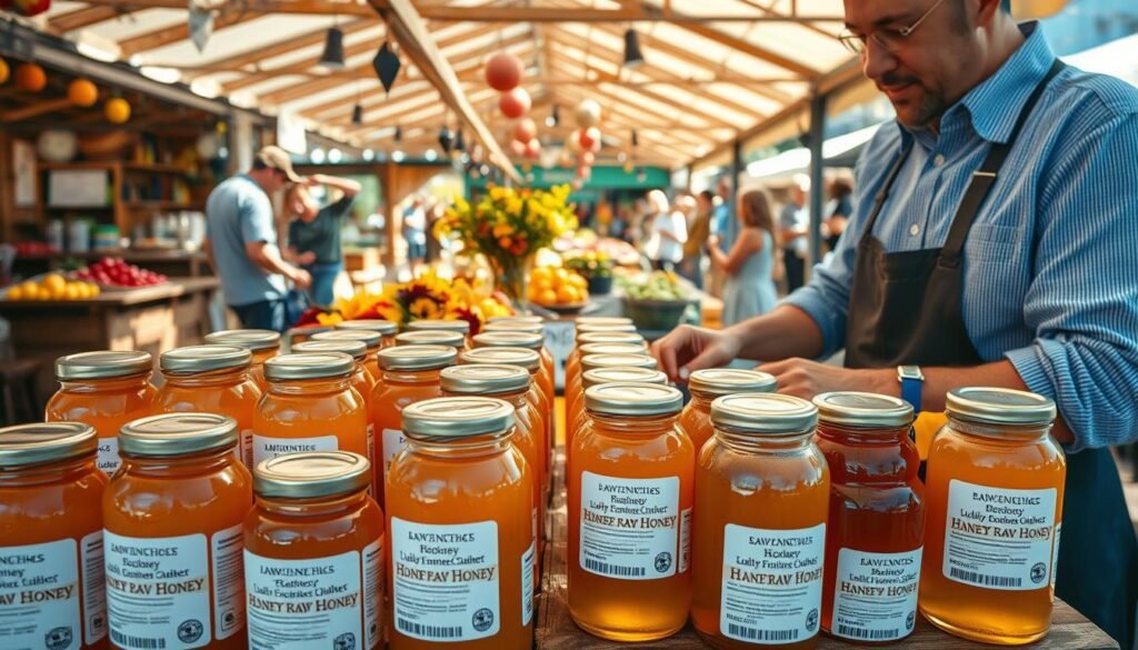 A detailed view of a honey vendor's stall at a bustling farmers market. In the foreground, an array of jars filled with golden raw honey, each labeled with clear and compliant information regarding ingredients and origin. A professional vendor, dressed in a collared shirt and apron, carefully arranges the jars while interacting with potential customers. In the middle ground, colorful seasonal fruits and flowers create a vibrant atmosphere. The background features a sunny day, with rustic wooden market stalls and cheerful shoppers browsing. Natural lighting casts warm highlights, enhancing the inviting mood. The composition should evoke a sense of community, compliance, and the joy of selling artisanal products. Use a wide-angle lens to capture the full scene.