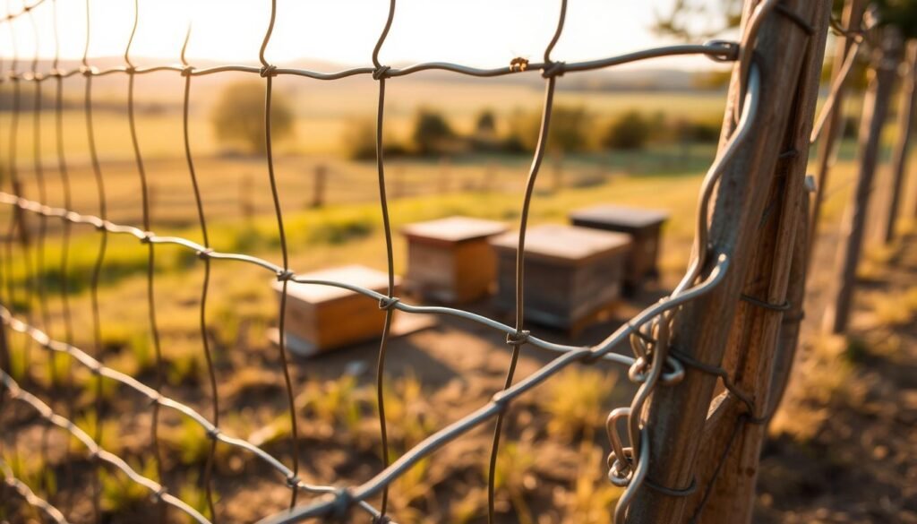 A detailed view of a protective fencing wire setup designed for beehives, emphasizing the sturdy, interwoven metal mesh and sharp stakes anchoring the fence into the ground. In the foreground, show a close-up of the wire, highlighting its texture and shine under soft, natural sunlight. In the middle ground, depict the fence surrounding a hive, integrating wooden beehives with a few visible bees buzzing around. The background should feature a tranquil rural landscape, perhaps with lush green fields and distant trees bathed in golden hour lighting, creating a serene atmosphere. Capture the scene from a slightly elevated angle to provide a comprehensive perspective on the wire's effectiveness as a barrier against wildlife, instilling a sense of safety and security. A detailed view of a protective fencing wire setup designed for beehives, emphasizing the sturdy, interwoven metal mesh and sharp stakes anchoring the fence into the ground. In the foreground, show a close-up of the wire, highlighting its texture and shine under soft, natural sunlight. In the middle ground, depict the fence surrounding a hive, integrating wooden beehives with a few visible bees buzzing around. The background should feature a tranquil rural landscape, perhaps with lush green fields and distant trees bathed in golden hour lighting, creating a serene atmosphere. Capture the scene from a slightly elevated angle to provide a comprehensive perspective on the wire's effectiveness as a barrier against wildlife, instilling a sense of safety and security.