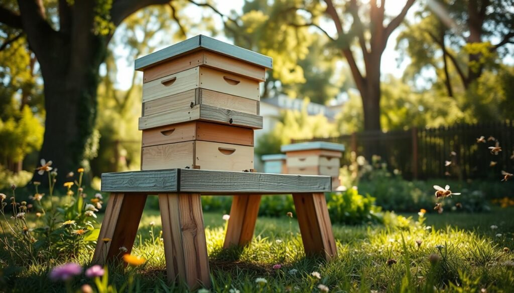 A detailed view of a well-maintained hive stand situated in a lush green garden, with wooden hive boxes stacked neatly on top. In the foreground, the hive stand features sturdy legs made of weathered cedar, each corner adorned with small patches of vibrant wildflowers. The middle ground displays the hives, painted in soft pastel colors, surrounded by a gentle buzz of bees in flight. In the background, tall trees provide dappled sunlight, creating a warm and inviting atmosphere. The lighting is soft and natural, evoking a peaceful early morning ambiance, with gentle rays illuminating the scene. Use a shallow depth of field to focus on the hive stand while allowing the surrounding garden to softly blur, emphasizing the importance of the hive setup in a natural environment.
