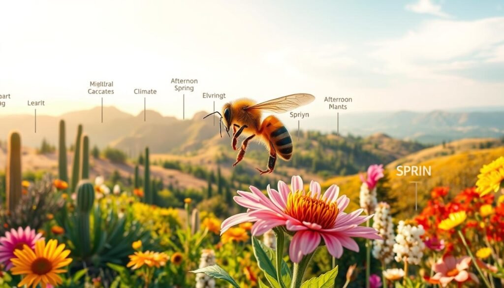 A detailed visual representation of regional nectar flows across diverse U.S. climate zones, showcasing a vibrant landscape. In the foreground, a honey bee forages on a blooming wildflower, illustrating the busy nectar collection process. In the middle, depict several distinct climate zones, from arid deserts with cacti to lush temperate forests blooming in spring, each zone marked by specific flowering plants and colors. In the background, a gradient sky transitions from bright morning light to afternoon warmth, casting soft shadows. Use a wide-angle lens effect to capture the expansive view of various ecosystems. The mood should be lively and educational, highlighting the importance of timing in nectar flow and its relationship to seasonal changes across the regions.