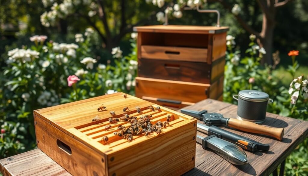 A detailed, well-organized beekeeping setup nestled in a lush garden. In the foreground, a wooden bee hive with a gleaming surface and well-crafted frames, showcasing bees actively buzzing around the entrance. The middle ground features an array of beekeeping equipment, including a smoker, hive tool, and protective gear laid out neatly on a rustic wooden table. The background reveals blooming flowers and greenery, creating a vibrant and inviting atmosphere. Soft, natural daylight filters through the trees, casting gentle shadows and highlighting the intricate details of the equipment. The image encapsulates a serene yet productive environment, embodying the essence of beginner beekeeping success and proper hive management.