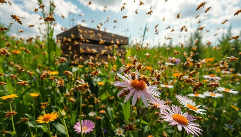 A dynamic swarm of bees in a vibrant natural setting, showcasing their delicate wings glimmering in sunlight. In the foreground, clusters of bees are actively flying and buzzing, with some landing on a blooming flower, bringing life and energy to the scene. The middle ground features a healthy hive surrounded by lush greenery and various wildflowers, while the background consists of a sunlit sky with soft clouds. The lighting highlights the golden hues of the bees and the vibrant colors of the flowers, capturing a sense of warmth and activity. The atmosphere is lively yet harmonious, emphasizing the intricate ecosystem of a bee colony in motion. Shot from a slightly low angle to emphasize the bees in flight against the backdrop, creating depth and focus on the swarm. A dynamic swarm of bees in a vibrant natural setting, showcasing their delicate wings glimmering in sunlight
