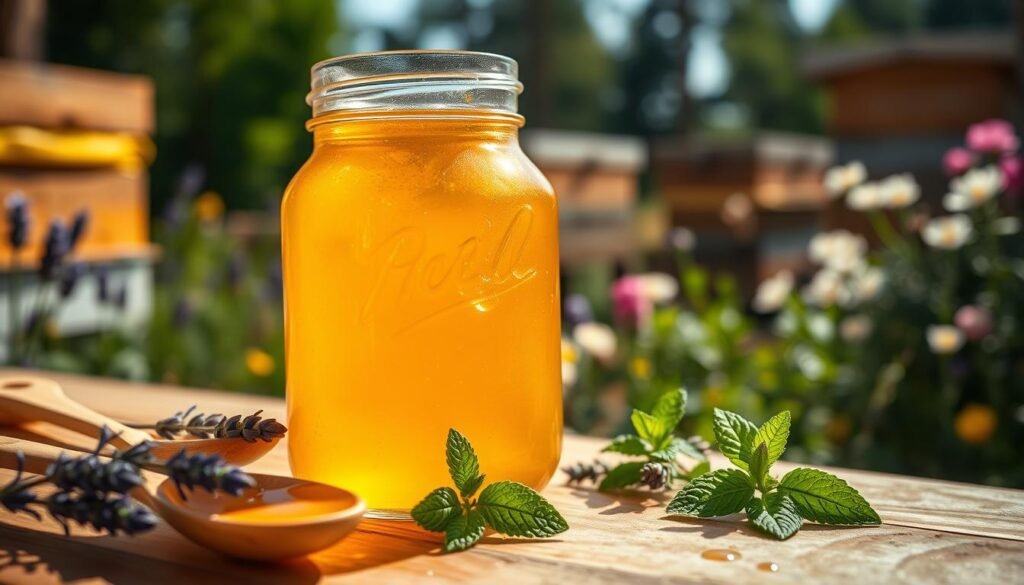 A glass jar filled with golden, thick sugar syrup glistening under natural sunlight, reflecting a warm glow. In the foreground, delicate wooden spoons gather drops of syrup, symbolizing its viscosity and thickness. The middle ground features a few sprigs of lavender and peppermint, hinting at the integration of essential oils while suggesting their use in beekeeping. In the background, a blurred apiary scene with beehives nestled among blooming flowers enhances the beekeeping theme. The lighting is soft and inviting, evoking a sense of calm and natural beauty. The overall atmosphere should feel warm and encouraging, suggesting a hands-on approach suitable for beginners venturing into beekeeping.