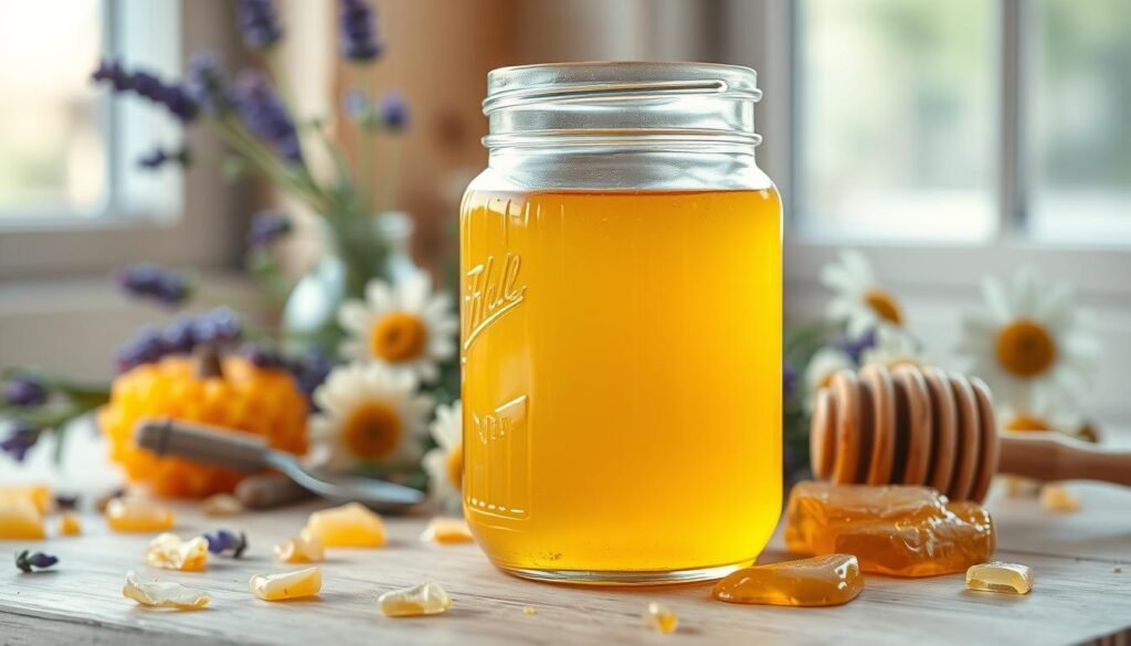 A glass jar filled with honey at various stages of fermentation, prominently displayed in the foreground, showcasing bubbles and a slightly cloudy appearance. Surrounding the jar, scattered honeycomb pieces and a wooden dipper evoke a natural setting. In the middle background, an assortment of herbs and flowers, such as lavender and chamomile, hint at different flavors influencing the honey. Soft, natural light streams from a nearby window, casting gentle highlights and shadows, adding warmth and inviting authenticity to the scene. The focus is sharp on the jar, creating a captivating and informative atmosphere, emphasizing the signs of fermentation. The overall mood is cozy and organic, perfect for illustrating the beauty of natural processes.