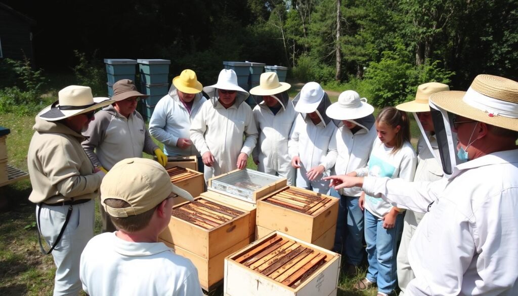 A group of beekeepers of various ages gathered around hives during a local association meeting
