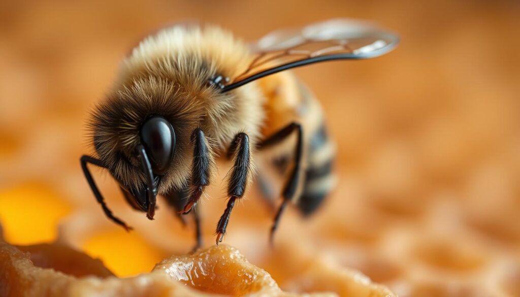 A highly detailed close-up of a varroa mite, showcasing its distinctive oval body and spiny legs, perched on a fuzzy honeybee. In the foreground, the mite's intricate textures and features are sharply in focus, while the bee's body is slightly out of focus, highlighting the parasitic relationship. The background features a blurred hive environment, with soft golden light filtering through the honeycomb cells, creating a warm and natural atmosphere. Use a macro lens perspective to emphasize the details, enhancing the sense of urgency and impact of parasites on bees. The lighting is soft and diffused, drawing attention to the contrast between the bee's vibrant colors and the mite's darker tones, conveying a mood of concern and intensity in nature's balance.