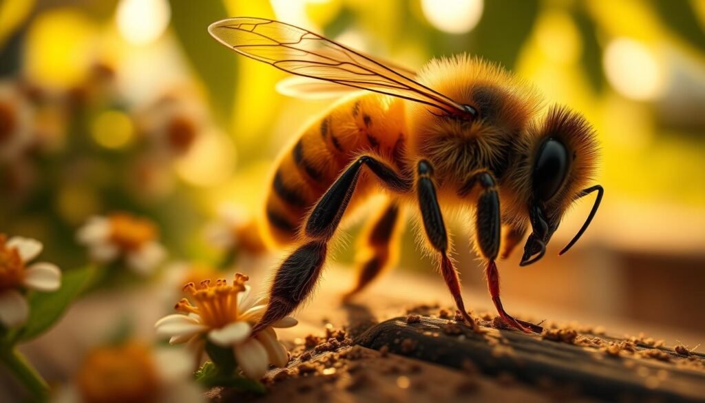 A highly detailed close-up of several Varroa mites on a honeybee's thorax, showcasing their distinct oval shape and intricate surface texture. In the foreground, the mites are in sharp focus, revealing their unique features like legs and mouthparts. The honeybee is portrayed in a naturalistic pose, with its delicate wings slightly spread, displaying pollen on its legs. In the middle ground, blurred flowers and blurred hive structures create context, all bathed in soft, golden sunlight filtering through leaves, creating a warm, inviting atmosphere. The background hints at a blurred apiary setting, emphasizing the importance of bees in the ecosystem. The image captures a sense of urgency and concern, highlighting the impact of these parasites on honeybee health.
