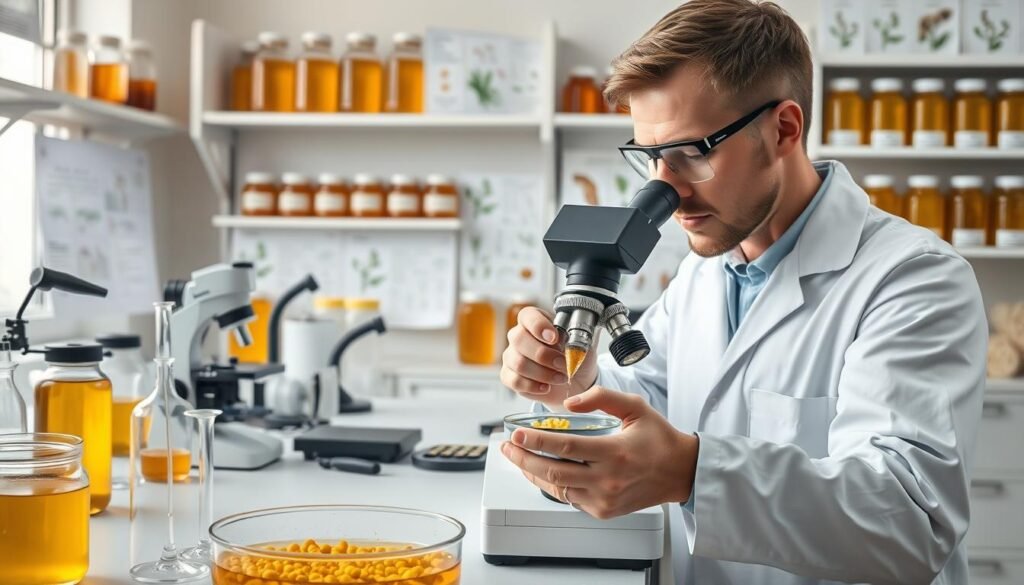 A highly detailed laboratory scene focused on pollen analysis. In the foreground, a scientist wearing a lab coat and safety goggles meticulously examines a microscope slide containing honey pollen grains, with a pipette and petri dish nearby. The middle ground features an organized lab bench adorned with various scientific instruments, including magnifying glasses, test tubes, and a well-organized reference chart of pollen types. In the background, shelves filled with labeled jars of honey samples and botanical illustrations create an educational atmosphere. Soft, natural lighting illuminates the scene, emphasizing the textures of the pollen and glassware. The mood is professional and focused, capturing the essence of advanced food purity testing. A highly detailed laboratory scene focused on pollen analysis. In the foreground, a scientist wearing a lab coat and safety goggles meticulously examines a microscope slide containing honey pollen grains, with a pipette and petri dish nearby. The middle ground features an organized lab bench adorned with various scientific instruments, including magnifying glasses, test tubes, and a well-organized reference chart of pollen types. In the background, shelves filled with labeled jars of honey samples and botanical illustrations create an educational atmosphere. Soft, natural lighting illuminates the scene, emphasizing the textures of the pollen and glassware. The mood is professional and focused, capturing the essence of advanced food purity testing.