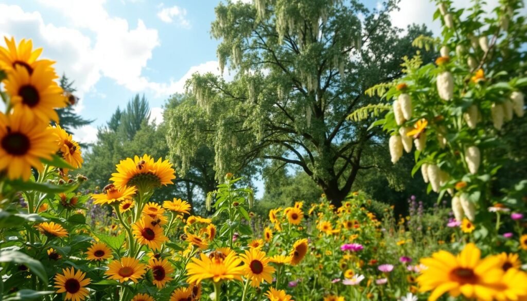 A lush garden scene filled with high-nectar trees and vibrant flowers, ideal for honey production. In the foreground, clusters of blossoms, such as sunflowers and wildflowers, are bustling with bees collecting nectar. The middle ground features tall, leafy high-nectar trees with blossoms hanging from their branches, offering a rich source of food for pollinators. The background showcases a luminous blue sky with soft, white clouds, allowing sunlight to filter through, creating an atmosphere of warmth and abundance. Utilize a shallow depth of field to emphasize the foreground flowers, while still capturing the grandeur of the trees in the background. The mood should be lively yet serene, celebrating the beauty of nature and its vital role in bee health.