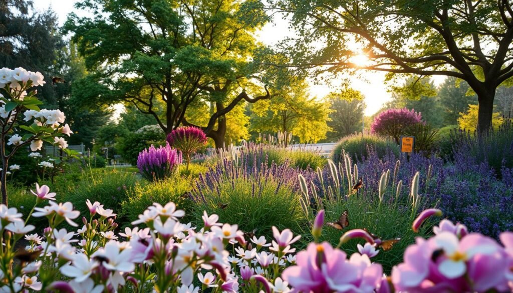 A lush garden scene with a variety of nectar-producing trees and vibrant shrubs designed to attract pollinators. In the foreground, delicate blossoms are bursting with color, attracting buzzing bees and fluttering butterflies. The middle ground features a diverse array of trees, including flowering varieties like cherry and magnolia, interspersed with fragrant shrubs like lavender and sage, creating a layered habitat. The background showcases a soft, golden sunlight filtering through the leafy canopy, casting dappled shadows on the ground, enhancing the tranquil atmosphere. Capture the scene from a low angle, emphasizing the abundance of blooms and the energetic pollinators, with a focus on vivid colors and the natural interplay of light and shadow.