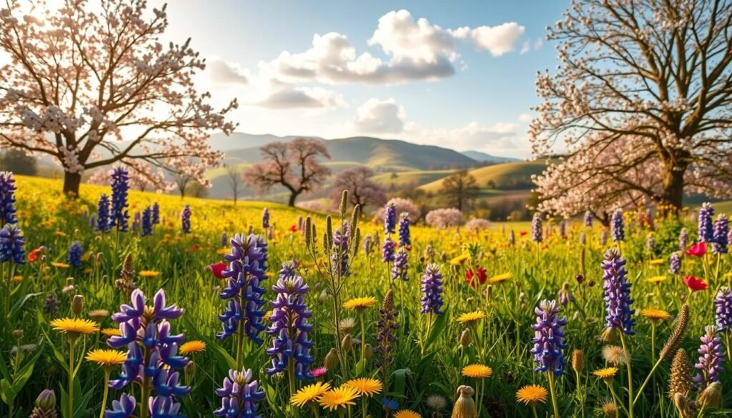 A lush spring landscape depicting the vibrant flow of nectar as flowers bloom richly across a meadow. In the foreground, diverse wildflowers in vivid colors, like purple lupines and yellow dandelions, showcase their delicate petals and pollen. The middle ground features flowering trees, such as cherry blossoms and apple trees, creating a gentle pink and white canopy. In the background, rolling hills are bathed in soft morning sunlight, with a clear blue sky and fluffy white clouds. The atmosphere feels refreshing and idyllic, embodying the essence of spring. A warm, golden hour light casts gentle shadows, enhancing the vivid colors and creating a serene, harmonious mood. The scene should evoke a sense of abundance and renewal without any human presence, ensuring a focus on nature's beauty.