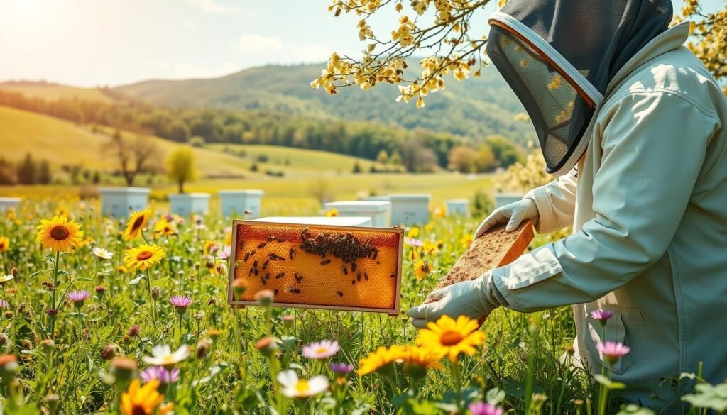 A lush spring meadow teeming with activity, showcasing several beehives nestled among blooming wildflowers. In the foreground, a skilled beekeeper, dressed in a light-colored protective suit and veil, carefully inspects a honeycomb frame bursting with vibrant yellow honey and busy bees. In the middle ground, vibrant flowers such as sunflowers and clovers attract bees, while a nearby cluster of fruit trees blossoms under a bright blue sky. The background features rolling green hills and a distant forest, bathed in soft golden sunlight, creating a warm and inviting atmosphere. The scene conveys the essence of seasonal management in beekeeping, emphasizing natural growth and harmony with nature, captured from a low angle to bring focus to the beekeeper and the bustling hive. A lush spring meadow teeming with activity, showcasing several beehives nestled among blooming wildflowers. In the foreground, a skilled beekeeper, dressed in a light-colored protective suit and veil, carefully inspects a honeycomb frame bursting with vibrant yellow honey and busy bees. In the middle ground, vibrant flowers such as sunflowers and clovers attract bees, while a nearby cluster of fruit trees blossoms under a bright blue sky. The background features rolling green hills and a distant forest, bathed in soft golden sunlight, creating a warm and inviting atmosphere. The scene conveys the essence of seasonal management in beekeeping, emphasizing natural growth and harmony with nature, captured from a low angle to bring focus to the beekeeper and the bustling hive.