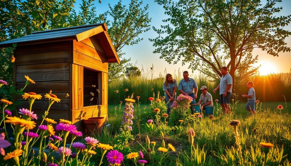A lush, verdant outdoor setting depicting a vibrant scout activity entrance, designed to attract bees to a new hive. In the foreground, a rustic wooden hive is surrounded by colorful wildflowers and plants that serve as bee-friendly nectar sources, with bees buzzing energetically around them. The middle ground features a group of scouts in modest casual attire, engaged in placing flower pots and strategically arranging the entrance to the hive to create inviting cues, capturing a sense of community and teamwork. The background showcases a clear blue sky and a sun setting lower on the horizon, casting a warm and golden light over the scene, enhancing the inviting atmosphere. The image should evoke a feeling of harmony with nature, highlighting the essential connection between the scouting activities and bee attraction techniques.
