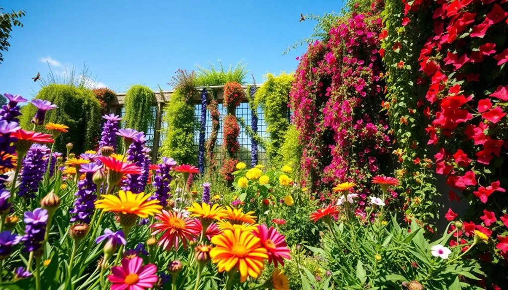 A lush vertical garden thriving in full sun, bursting with vibrant drought-resistant flowers and cascading vines designed to attract pollinators like bees. In the foreground, close-up details show colorful blossoms such as purple salvias, bright yellow globemallows, and deep red trumpet vines, interspersed with greenery. The middle section reveals a variety of vertical trellises decorated with lush climbing plants, creating a rich tapestry of color and texture. In the background, a sunny sky enhances the vividness of the flowers, casting warm light across the entire scene. The atmosphere is lively and inviting, emphasizing the harmony between a flourishing garden and its essential pollinators. Use a wide-angle lens to capture the depth and abundance of this eco-friendly garden oasis.