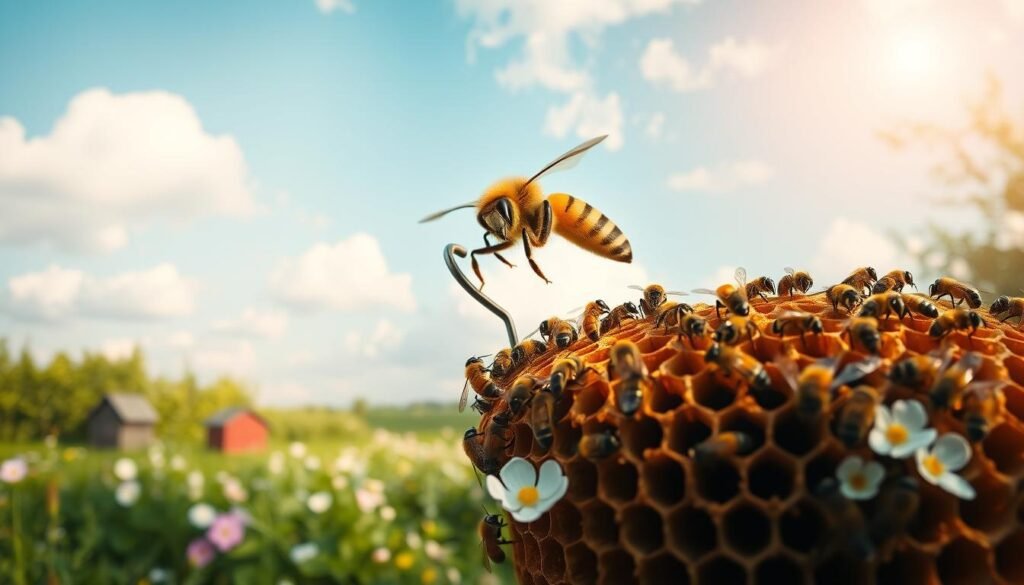 A majestic bee queen sitting gracefully atop a honeycomb structure, her large, elongated abdomen adorned with a delicate crown-like marking. The foreground features vibrant, busy worker bees tending to the queen, showcasing their gentle behavior. In the middle ground, a lush garden with blooming flowers in soft pastel colors provides nourishment for the bees, while a couple of small hives can be seen. The background consists of a serene blue sky with fluffy white clouds, enhancing the idyllic atmosphere. Soft, warm sunlight filters through, casting a gentle glow over the scene, creating a peaceful and harmonious mood. Capture this scene with a shallow depth of field to emphasize the queen and her retinue, using a close-up perspective to draw viewers into the intricate world of gentle bee colonies.