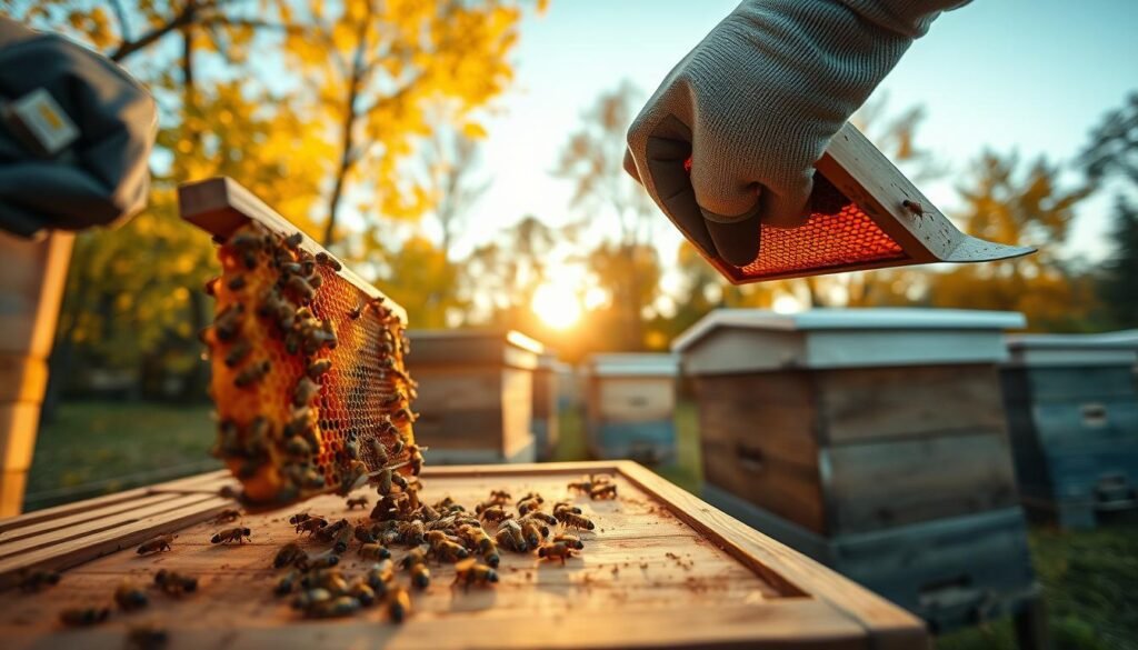 A peaceful apiary scene during a seasonal hive inspection at dawn, featuring a beekeeper in professional attire, carefully inspecting a wooden beehive. In the foreground, close-up details include the beekeeper's gloved hands lifting a honeycomb frame with bees buzzing around, showcasing their busy activity. In the middle ground, a few additional beehives with vibrant autumn foliage in the background reflect a warm golden light, highlighting the beauty of nature. Soft, diffused sunlight filters through the trees, creating a serene yet productive atmosphere. The angle is a low shot, emphasizing the connection between the beekeeper and the bees, encapsulating the essence of a mindful and effective hive inspection aligned with the best practices of seasonal beekeeping.