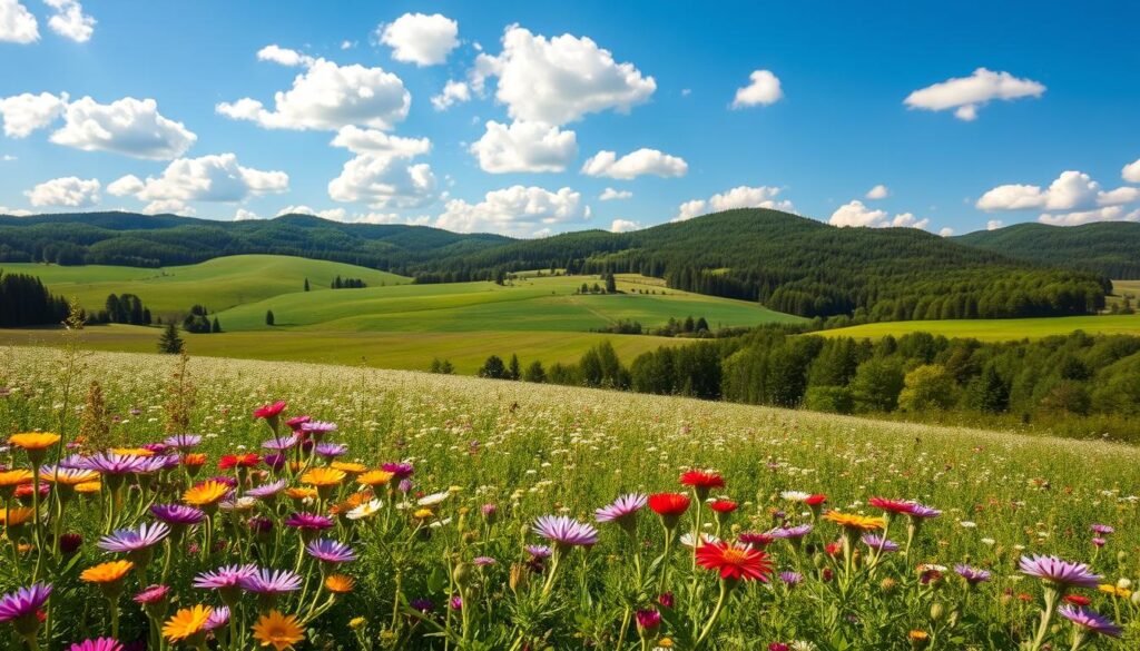 A picturesque landscape depicting varied environmental conditions affecting nectar flow for bees. In the foreground, vibrant wildflowers bloom in a spectrum of colors, attracting bees. The middle ground showcases a lush field of clover under a bright blue sky scattered with fluffy white clouds, indicating an ideal nectar-generating environment. In the background, rolling hills transition into dense forests, emphasizing diverse ecosystems. The lighting is warm and bright, suggesting a sunny day to enhance the feeling of abundance. The angle is slightly elevated, offering a panoramic view that captures the health of the habitat. The mood is serene and productive, reflecting the vital relationship between environmental conditions and bee activity in their natural world.