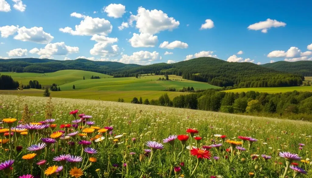 A picturesque landscape depicting varied environmental conditions affecting nectar flow for bees. In the foreground, vibrant wildflowers bloom in a spectrum of colors, attracting bees. The middle ground showcases a lush field of clover under a bright blue sky scattered with fluffy white clouds, indicating an ideal nectar-generating environment. In the background, rolling hills transition into dense forests, emphasizing diverse ecosystems. The lighting is warm and bright, suggesting a sunny day to enhance the feeling of abundance. The angle is slightly elevated, offering a panoramic view that captures the health of the habitat. The mood is serene and productive, reflecting the vital relationship between environmental conditions and bee activity in their natural world. A picturesque landscape depicting varied environmental conditions affecting nectar flow for bees. In the foreground, vibrant wildflowers bloom in a spectrum of colors, attracting bees. The middle ground showcases a lush field of clover under a bright blue sky scattered with fluffy white clouds, indicating an ideal nectar-generating environment. In the background, rolling hills transition into dense forests, emphasizing diverse ecosystems. The lighting is warm and bright, suggesting a sunny day to enhance the feeling of abundance. The angle is slightly elevated, offering a panoramic view that captures the health of the habitat. The mood is serene and productive, reflecting the vital relationship between environmental conditions and bee activity in their natural world.