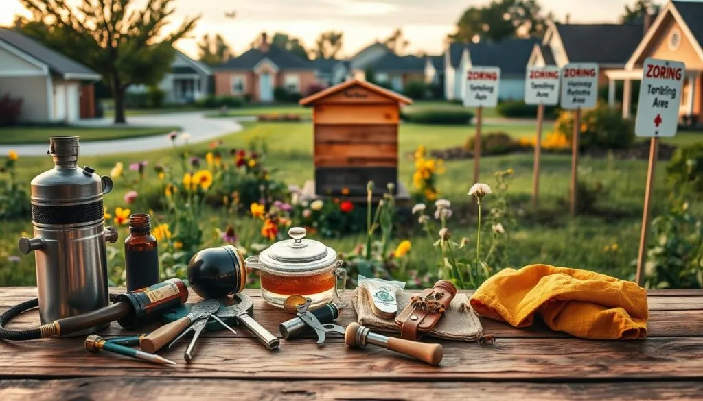 A picturesque scene illustrating beekeeping zoning rules. In the foreground, a neatly arranged beekeeper's toolkit with a smoker, hive tools, and protective gear, all placed on a rustic wooden table. The middle ground features a well-maintained beehive surrounded by colorful wildflowers and a small vegetable garden, symbolizing a sustainable environment. In the background, a peaceful suburban neighborhood is visible, with distinct zoning signs indicating honey production areas. The lighting is soft and warm, as if during the golden hour, creating an inviting and serene atmosphere. The overall mood is professional yet approachable, aimed at educating potential beekeepers about zoning essentials.