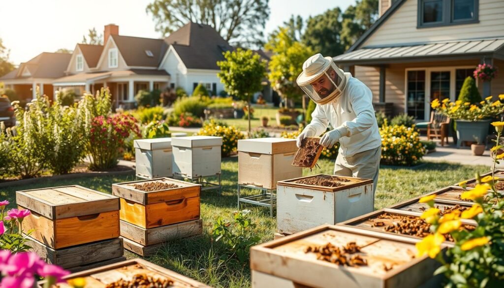 A picturesque scene showcasing common beehive locations around homes and businesses. In the foreground, several hives are neatly arranged in a well-maintained backyard, surrounded by blooming flowers and lush greenery, depicting the thriving ecosystem. In the middle ground, a professional beekeeper in modest casual clothing inspects a hive, wearing protective gear, focusing on the intricate details of the bees at work. The background features a charming neighborhood with well-kept gardens and a small business, highlighting the seamless integration of beehives into daily life. The lighting is warm and inviting, reflecting a sunny afternoon, with soft shadows for depth. The overall atmosphere is peaceful and harmonious, emphasizing the importance of bees in both residential and commercial environments.