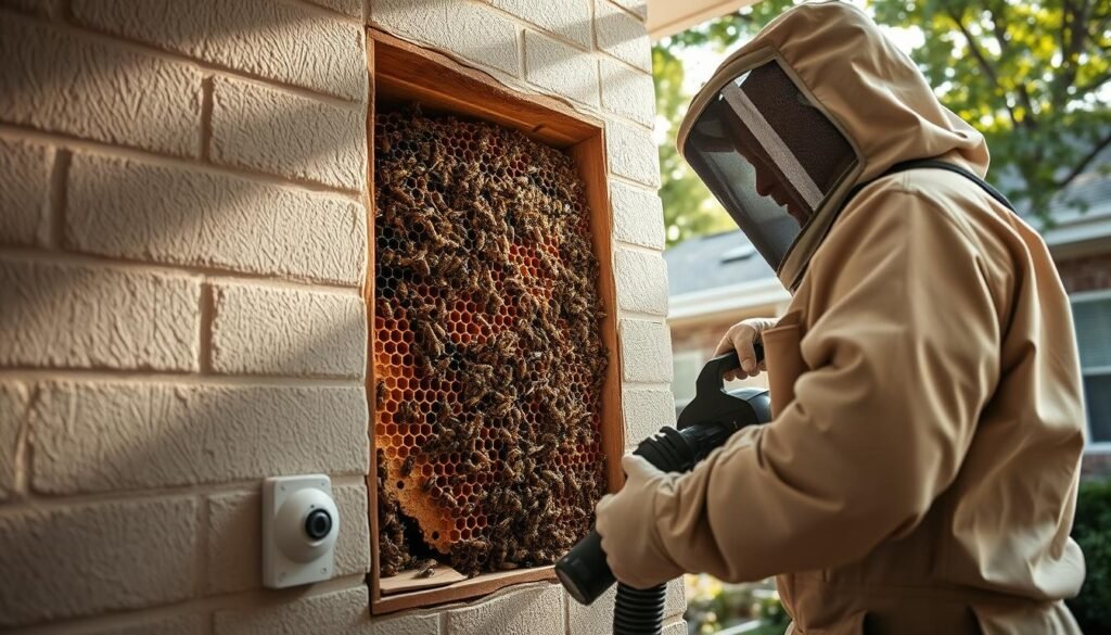 A professional bee removal technician in a modest casual outfit is carefully extracting bees from a wall cavity in a home. The foreground features the technician using specialized tools like a vacuum and a bee suit, with focused concentration. In the middle, the wall cavity reveals a honeycomb hive, showcasing intricate patterns and a swarm of bees. The background portrays a suburban home setting, with soft afternoon sunlight filtering through trees, creating gentle shadows. The atmosphere is calm and professional, highlighting the careful process of bee removal. Capture this scene with a slightly elevated angle, using natural lighting to emphasize the textures of the wall and bees while ensuring clarity and depth in the image.