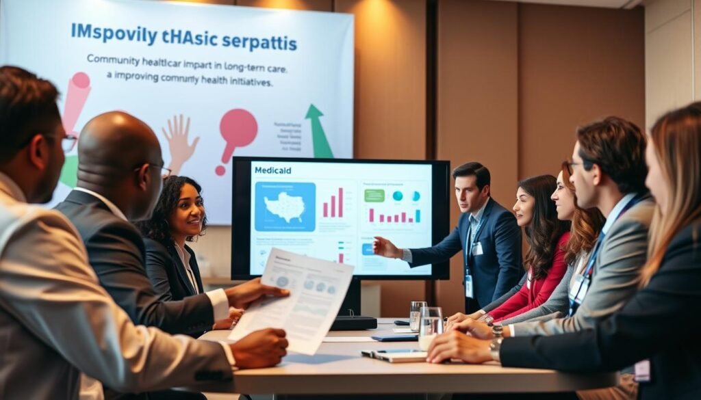 A professional conference setting focused on healthcare policy. In the foreground, diverse healthcare professionals in business attire are engaged in a discussion around a table, with one individual pointing at a document symbolizing Medicaid. In the middle, a large digital screen displays data on Medicaid’s impact in long-term care, featuring charts and infographics. The background shows a soft focus of a large banner promoting community health initiatives, with an inviting atmosphere enhanced by warm lighting. The angle captures the intensity and collaboration among the participants, emphasizing a serious yet hopeful mood about improving healthcare strategies.