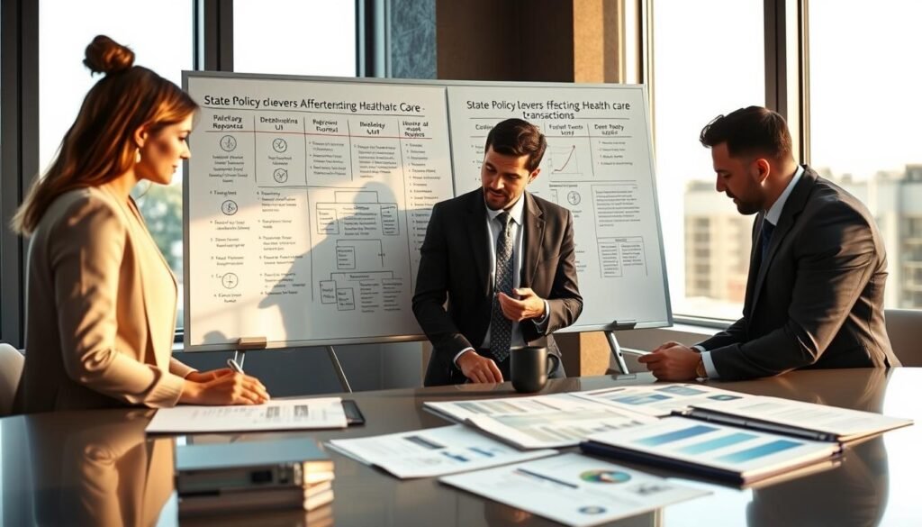 A professional meeting room filled with diverse business professionals engaged in a discussion about health care policy reporting. In the foreground, a group of four individuals, including two women and two men, are dressed in smart business attire, reviewing charts and reports on a sleek conference table. The middle section features a large whiteboard filled with diagrams and key policy points, emphasizing state policy levers affecting health care transactions. The background shows large windows with natural light streaming in, casting warm shadows and creating an atmosphere of collaboration and focus. The scene is captured from a slightly elevated angle, with a wide-angle lens to provide depth, hinting at the importance of teamwork in shaping long-term health strategies.