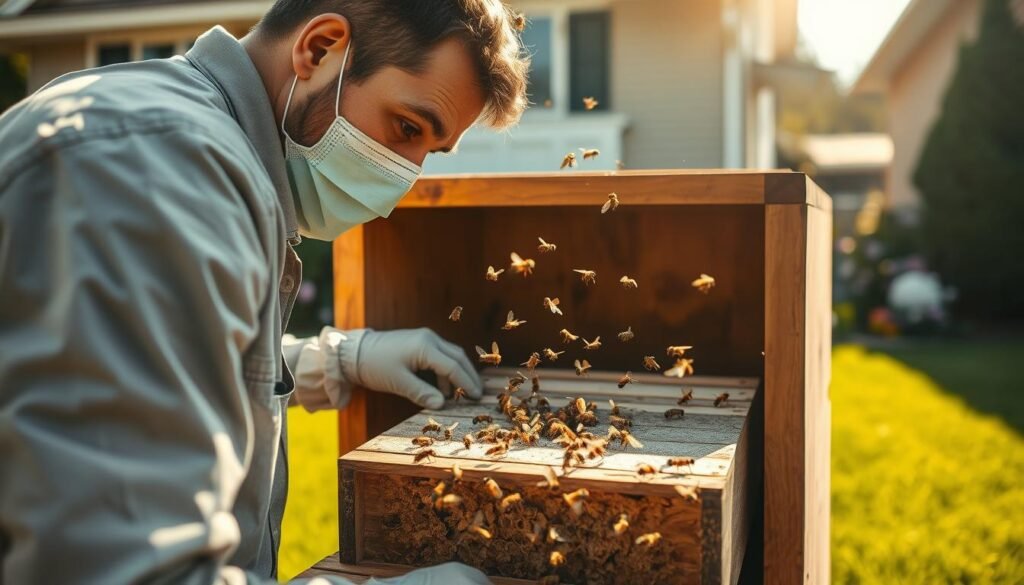 A professional pest removal technician in a modest casual outfit carefully approaches a beehive nestled within a wooden structure. In the foreground, focus on the technician, who is wearing protective gloves and a light-colored face mask, gently examining the hive with calm concentration. The middle ground showcases the beehive, with bees actively flying around it, emphasizing their busy nature. In the background, a sunny suburban home with green grass and blooming flowers creates a serene atmosphere. The lighting is warm and inviting, capturing the golden afternoon sun that highlights the bees' delicate wings. The overall mood is one of safety and professionalism, reflecting a well-planned and respectful approach to bee removal.